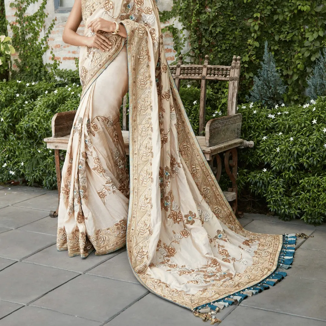 Cream Colour Double Border Chex Weaving Banarasi Soft Silk Saree