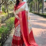 Cream Colour Double Border Chex Weaving Banarasi Soft Silk Saree