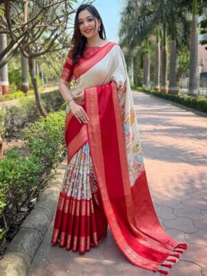 Cream Colour Double Border Chex Weaving Banarasi Soft Silk Saree