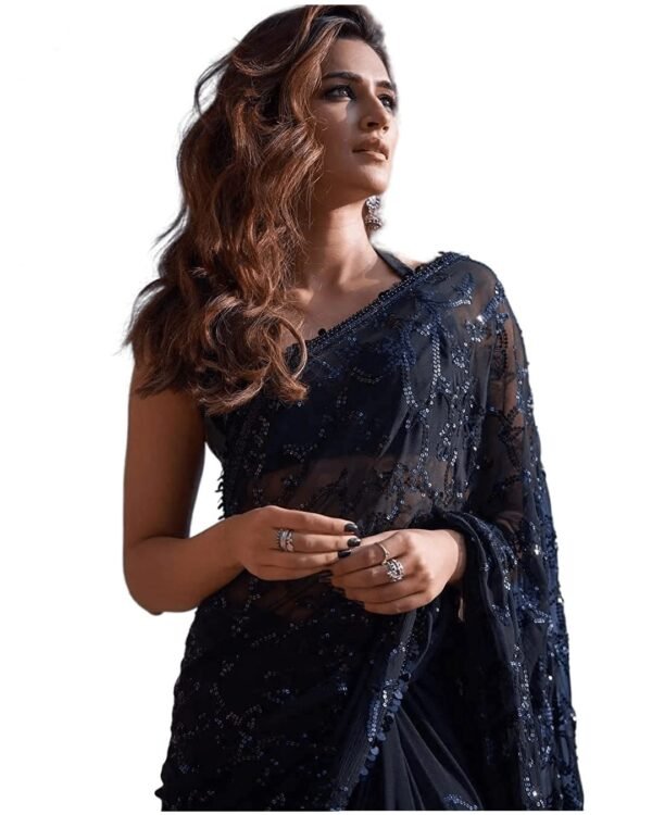 Women’s Sequence Work Georgette Saree with Unstitched Blouse Piece | Black Party Wear Saree for Wedding & Festive Occasions
